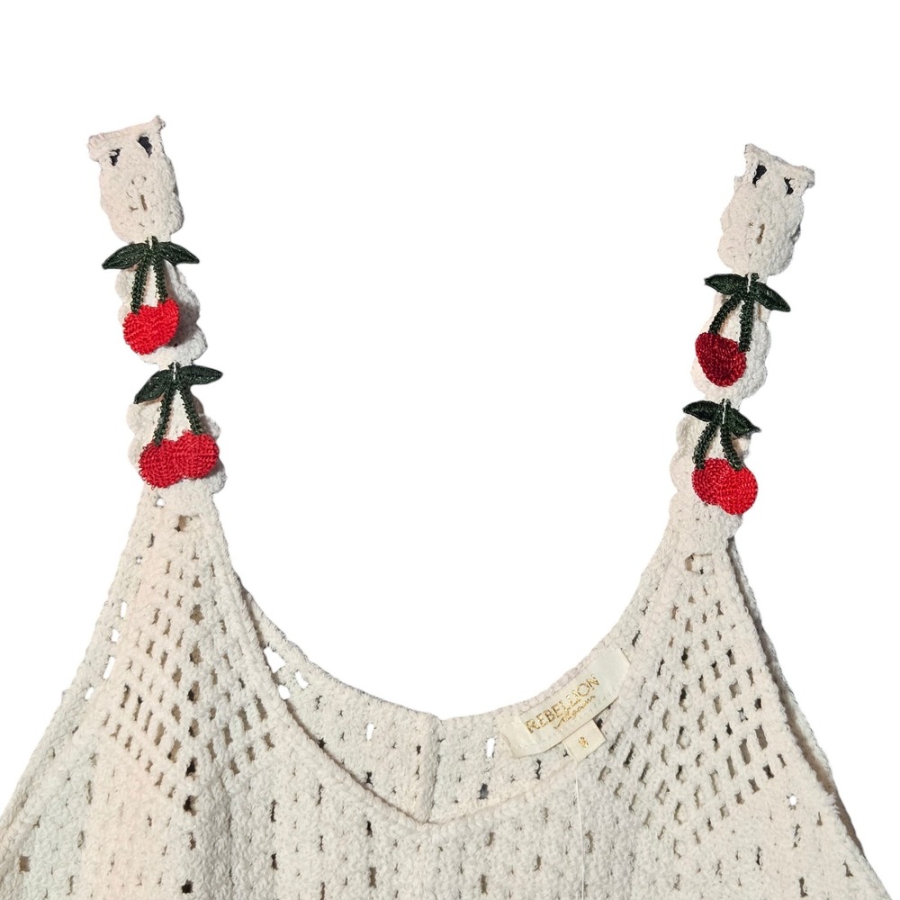 Rebellion Again Crochet Knit Cherry Applique Cami S Coastal Boho Summer NWT - Picture 4 of 10